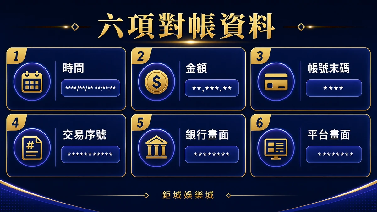 時間、金額、帳號末碼、交易序號、銀行畫面及平台畫面六項資料